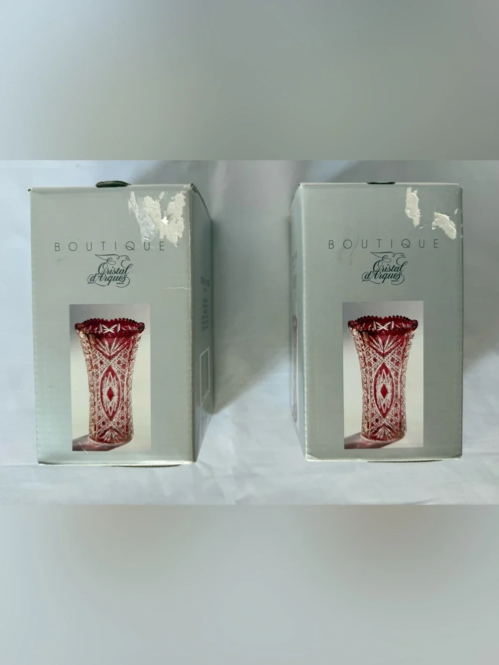 Vintage 1993 Cristal D’Arques Chesnay Rubis Cut to Clear Crystal Set of 2 Vases
